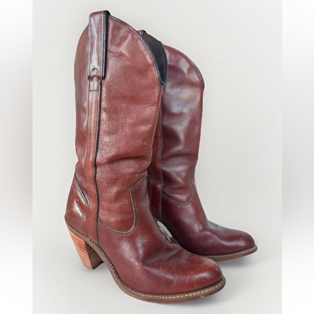 Vintage 70s 80s Capezio Brown Leather Western Cowboy Festival Boho Heel Boots 6